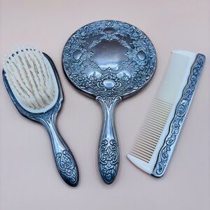 Vintage Art Nouveau Floral Hair Brush, Mirror & Comb Vanity Set